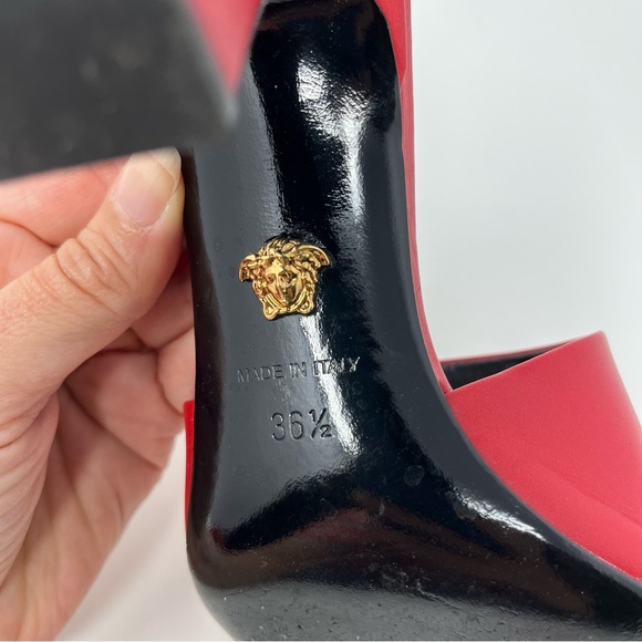 Versace Womens La Medusa Leather Shoes Heels Slides Mules Red Black 36.5 6.5 - Picture 9 of 11